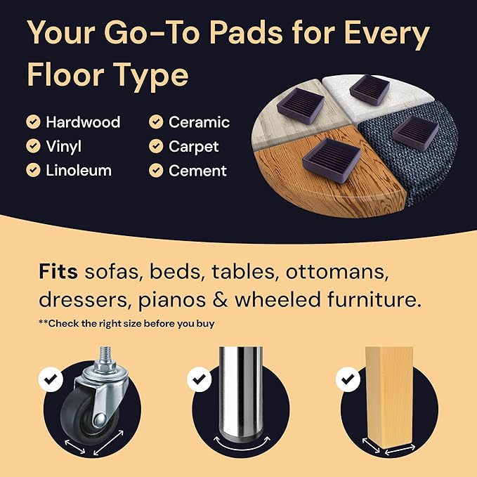 CasterMaster Non Slip Furniture Pads for Hardwood Floors - 3x3 Black Round Caster Cups - Rubber Feet for Furniture - Anti Slip Couch Stoppers to Prevent Sliding - Floor Protectors (Set of 4)