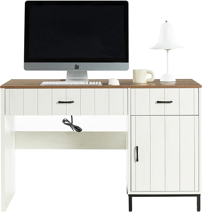 Farmhouse 47" Executive Desk, Home Office Desk with File Drawer and Power Outlet, Computer Desk with 2 Drawers and 1 Storage Cabinet, Workstation for Office Home (White)