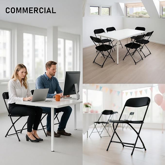 SEALAMB Plastic Folding Chairs 16 Pack, Black Commercial Portable Indoor/Outdoor Chairs for Home Office, Wedding, Events Parties with Steel Frame, 350lbs Capacity (Black-Plastic, 16 Pack)