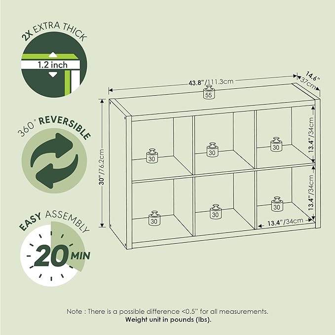 Furinno Cubicle Book Shelf, 6-Cube Thick Frame Bookshelf, Horizontally & Vertically Reversible Bookcase with Open Back, 14.6" x 43.8" x 30", for Living Room, Bedroom, Home Office, Sage Green