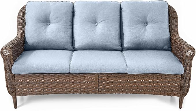 Patio Couch Outdoor Wicker Sofa - Heavy Duty All-Weather Brown Rattan 3-Seater with High Back and Comfortable Thick Cushions for Garden Back Porch Poolside Apartment - Baby Blue
