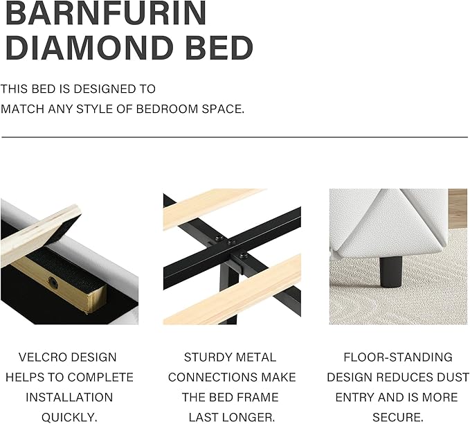 BarnFurin Queen Bed Frame, Upholstered Platform Bed with Button Tufted Headboard, Princess Platform Bed with Crystal Design, Wooden Slats Support, No Box Spring Required, Easy Assembly, White