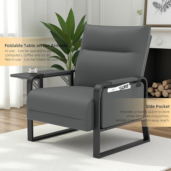 Faux Leather Accent Chair with Flip Up Tray Table Soft Backrest Side Pocket for Living Room Office Bedroom Leather Accent Chair, Gray