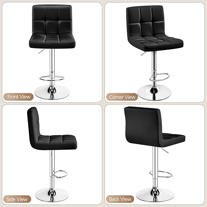 Yaheetech Bar Stools, Adjustable PU Leather Swivel Barstools, Modern Counter Stools with Back and Footrest, Counter Height Barstools for Bar, Kitchen, Dining Room, Black
