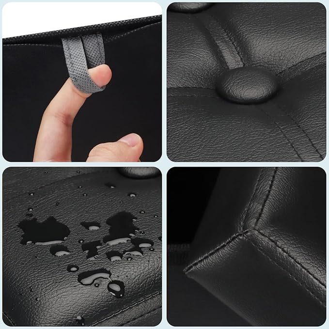 Storage Ottoman Foot Rest Stool, Small Leather Storage Ottomans Bench, Folding Footstool with Side Pockets, Foot Rest Under Desk for Living Room Bedroom, 16x12x12 in, Black 2 Pack