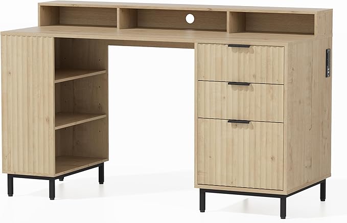 55" Fluted Executive Desk with Charging Station, Modern Wood Home Office Desk with with Storage Shelf & File Drawer, Writing Study Computer Table for Work Study, Light Oak