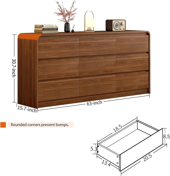 9 Drawer Dresser For Bedroom 63 Inch Wooded Chest of Drawers - Curved Anti Collision, Mid Century Dresser For Closet with Natural Texture & Pre-Embedded Slots for TV Stand, Living Room, Hallway