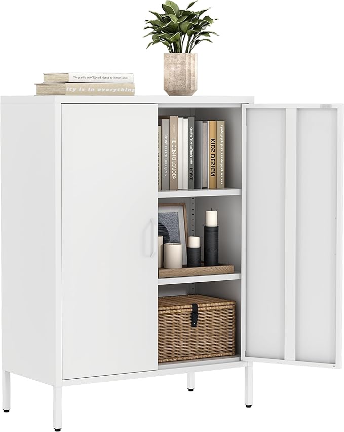 Metal Locker Cabinet with 2 Doors, White Metal Accent Cabinets for Home Office, 40" Counter Height Storage Lockers Sideboard for Home Office Kitchen Living Room Hallway Entryway