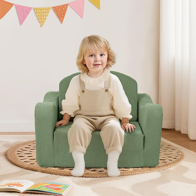 Comfy Toddler Chair for Kids, 2-in-1 Toddler Soft Plush Couch Fold Out, Convertible Kids Couch to Lounger, Baby Sofa for Boys and Girls, Green
