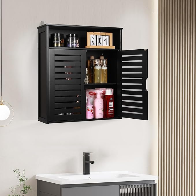 HYNAWIN Wall-Mounted Black Bathroom Cabinet with Double Doors, Bamboo Storage Shelf Organizer for Kitchen, Living Room, or Bathroom