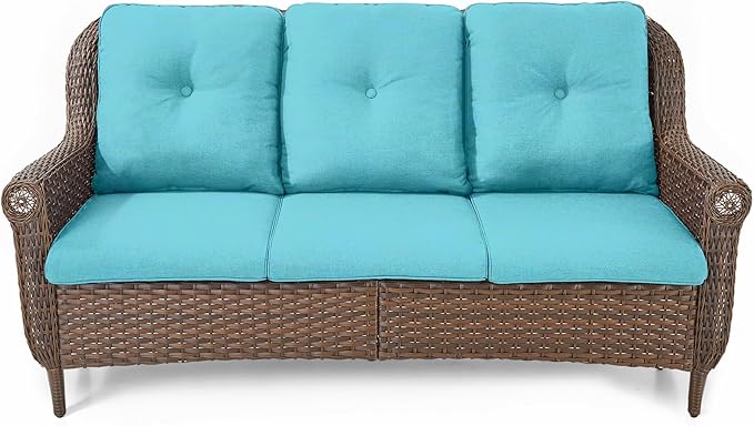 Patio Sofa Outdoor Wicker Couch - Heavy Duty All-Weather Brown Rattan 3-Seater with High Back and Comfortable Thick Cushions for Garden Back Porch Poolside Apartment - Turqoise