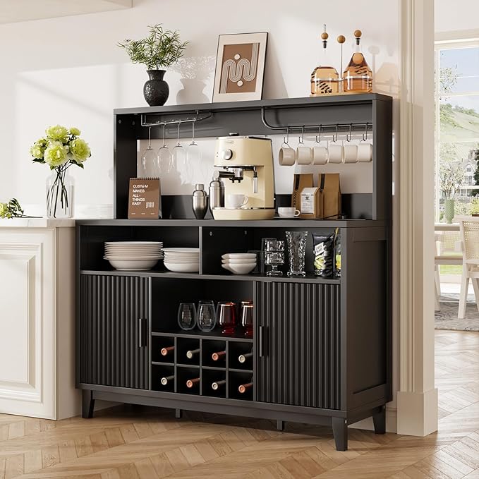 Fluted Buffet Cabinet with Storage, Modern Coffee Bar Cabinet with Outlet, Wine Rack, Cup Holder, Multi-Functional Accent Liquor Cabinet for Living Room, Entryway, Kitchen, Black