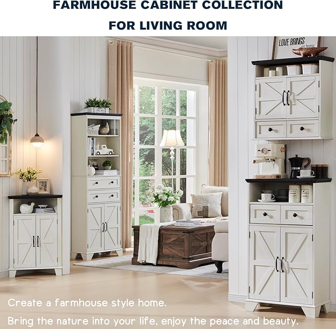 ACCOHOHO Bathroom Wall Cabinet, Farmhouse 24" Wide Medicine Cabinet with Drawer, Adjustable Shelf, Double Barn Doors, Storage Cabinets for Bathroom, Kitchen, Living Room, Off White