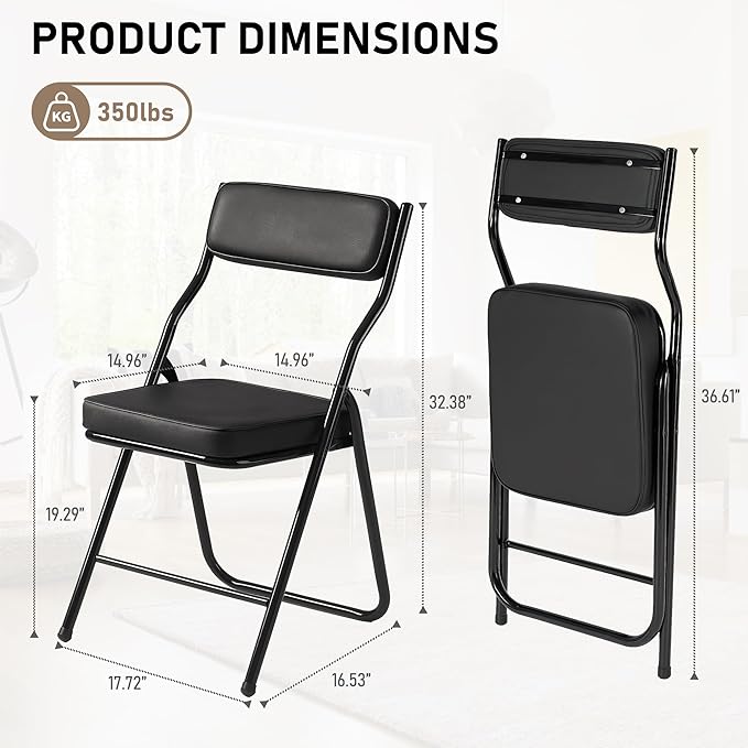 2 Pack Padded Folding Chairs with Cushion, Foldable Dining Chair Set Portable Indoor Outdoor Stackable Folding Chairs with Steel Frame for Home Office Events Wedding Party Black
