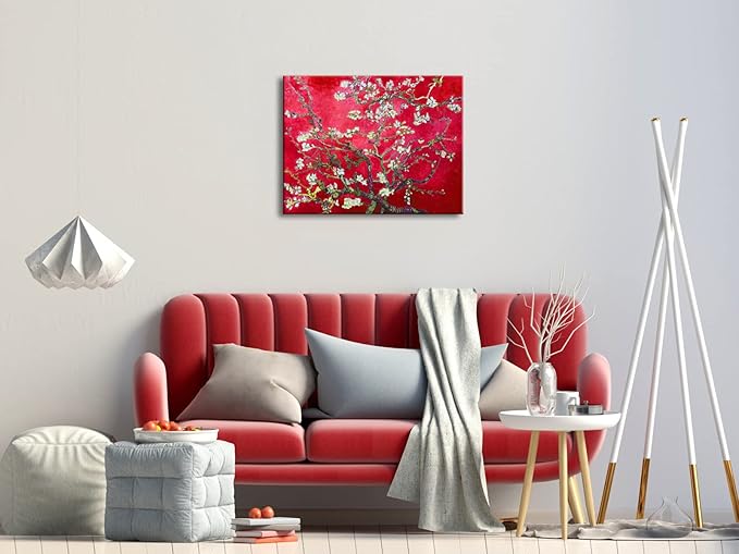 Wieco Art Large Red Almond Blossom Tree Vincent Van Gogh Paintings Reproduction Canvas Prints Wall Art for Home Decor and Wall Decor Classical Flowers Pictures Artwork