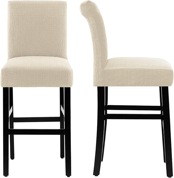 H.VERSAILTEX 100% Waterproof Pub Counter Stool Chair Covers Slipcover Rectangular Jacquard Crizzle Pattern Stretch Barstool Seat Covers with Backs Washable Dining Room Chair Covers Set of 2, Ivory