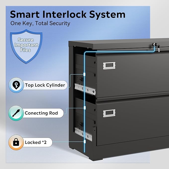 DEVAISE Metal Lateral File Cabinet with Lock, 2 Drawer Filing Cabinets for Home Office, 16" D x 35" W x 29" H Wide Storage Organization for Hanging Files Letter/A4/Legal/F4 Size, Black