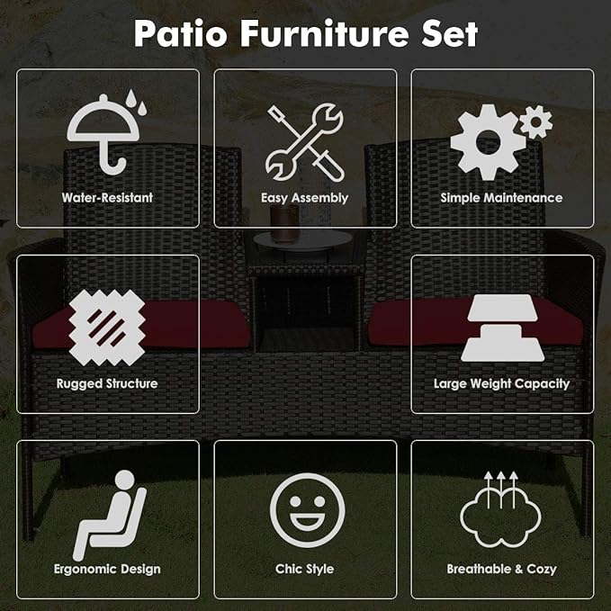 COSTWAY 2-Seat Patio Conversation Sets, Outdoor Patio Loveseat Set with Removable Cushions & Built-in Coffee Table for Backyard, Garden, Lawn, Balcony, Brown+Red