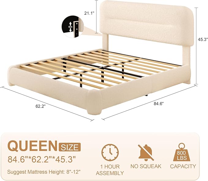 Queen Bed Frame, Cloud Upholstered Boucle Platform Bed with Adjustable Headboard, Anti-Collision Soft Rounded Corners, Noise Free, Easy Assembly, Cream