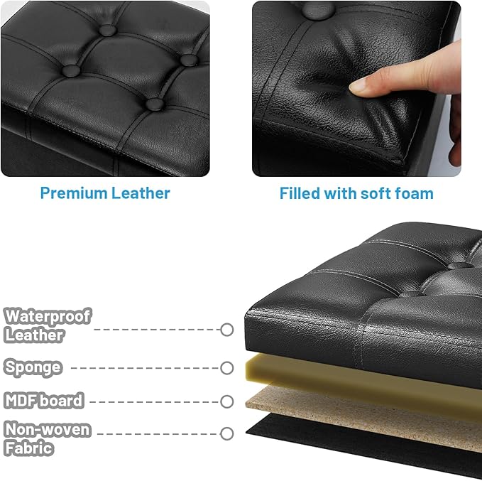 Storage Ottoman Foot Rest Stool, Small Leather Storage Ottomans Bench, Folding Footstool with Side Pockets, Foot Rest Under Desk for Living Room Bedroom, 17x13x13 in, Black