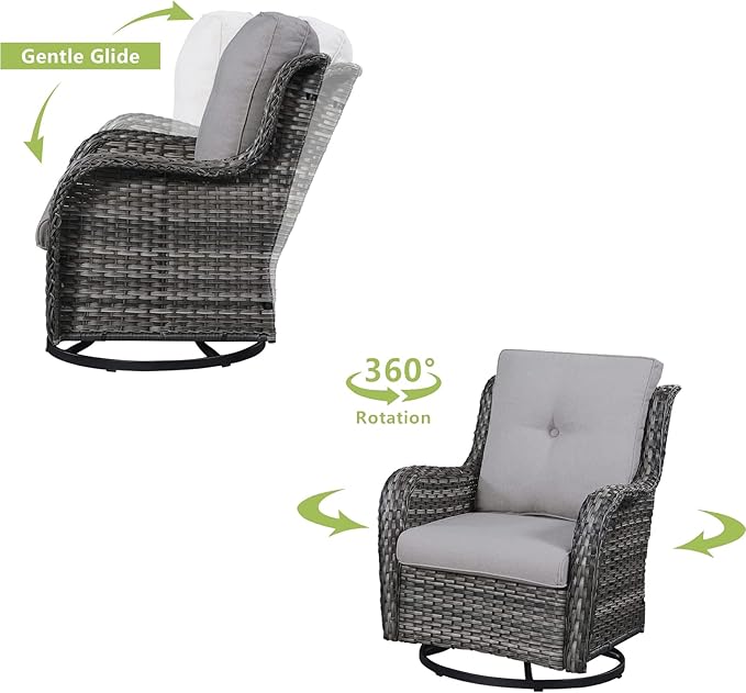 HUMMUH Outdoor Swivel Rocker Wicker Patio Chairs High Back PE Rattan Glider Chairs 4PCS Patio Furniture Set(Grey,Grey)