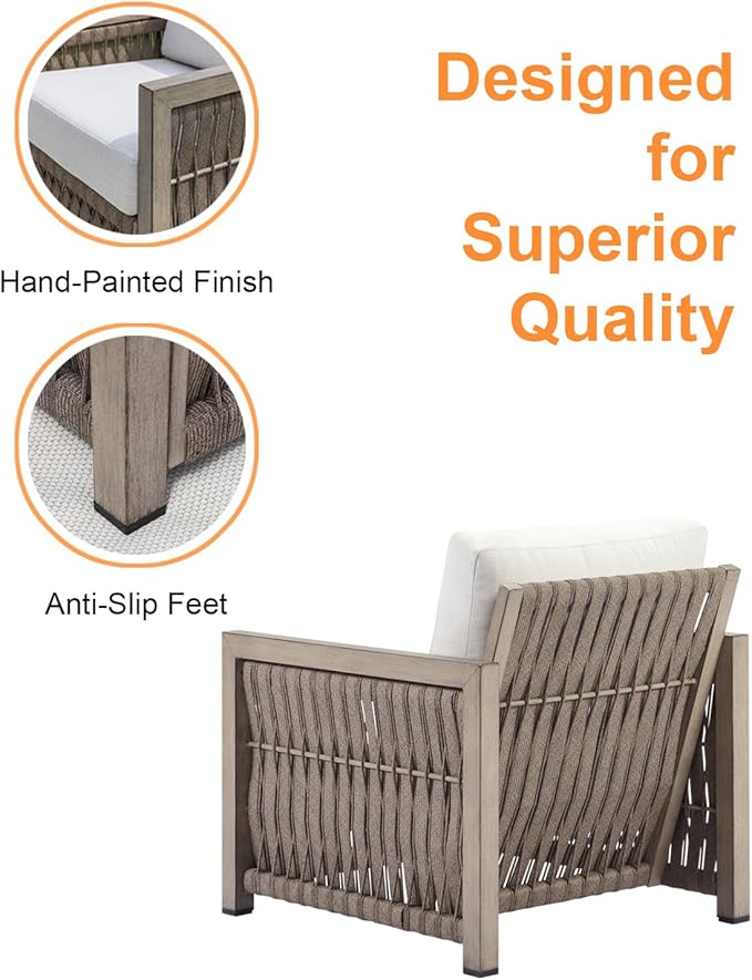 Patio Chair, Outdoor Aluminum Chair with Thick Washable Cushions, Rope Weave Outdoor Armchair Furniture Patio Sofa Armchair, Deep Seating Outside Furniture for Garden, Porch, Balcony, Gray Oak