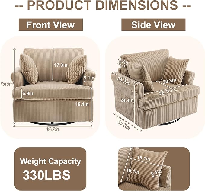 Karl home 39" Swivel Accent Chair,Oversized Seat Armchair W/2 Pillows and 4 Pockets,Modern Upholstered Corduroy Barrel Chairs,Comfy Single Sofa for Living Room,Reading,Bedroom and Office-Khaki