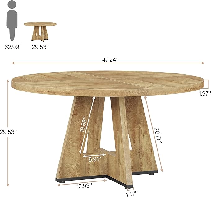 Tribesigns Round Dining Table for 4, 47 inch Farmhouse Circle Kitchen Table with Wooden Pedestal Base for Kitchen, Dining Room, Living Room (Light Wood)