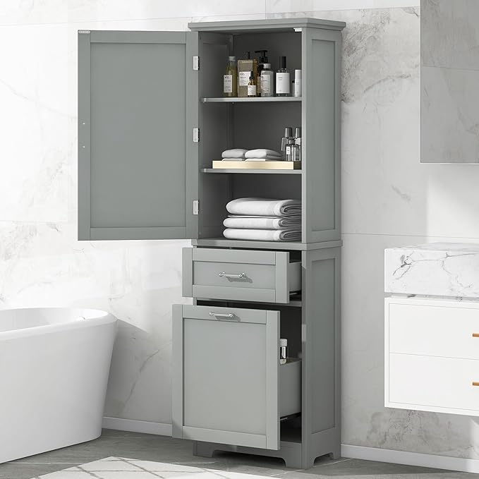 Tall Bathroom Storage Cabinet, Freestanding Storage Cabinet with 1 Door, 2 Different Size Drawers for Bathroom Living Room (Grey)