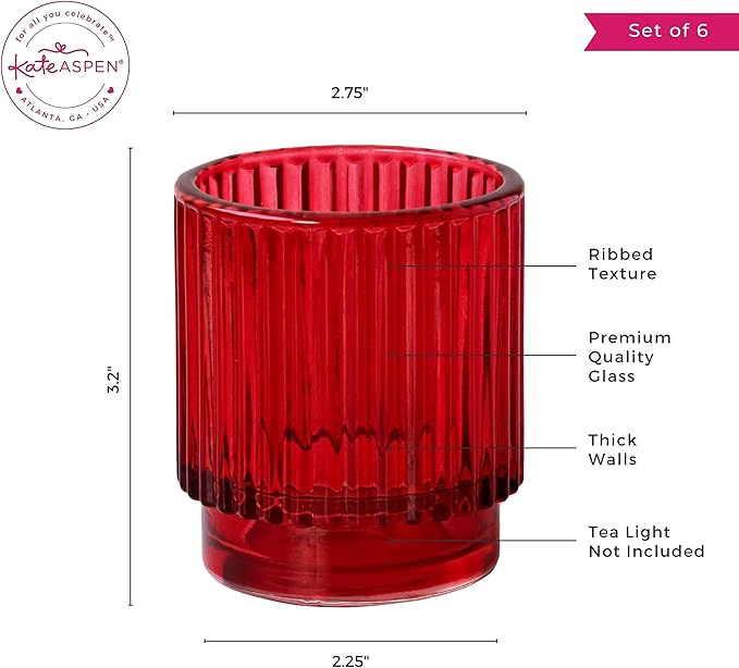 Kate Aspen Vintage Ribbed Red Glass Candle Holders Set of 6 - Votive & Tealight Candle Holder Decor for Holiday Table Decor, Christmas Dining Tablescape, Fall & Boho Home Accents (27206RD)
