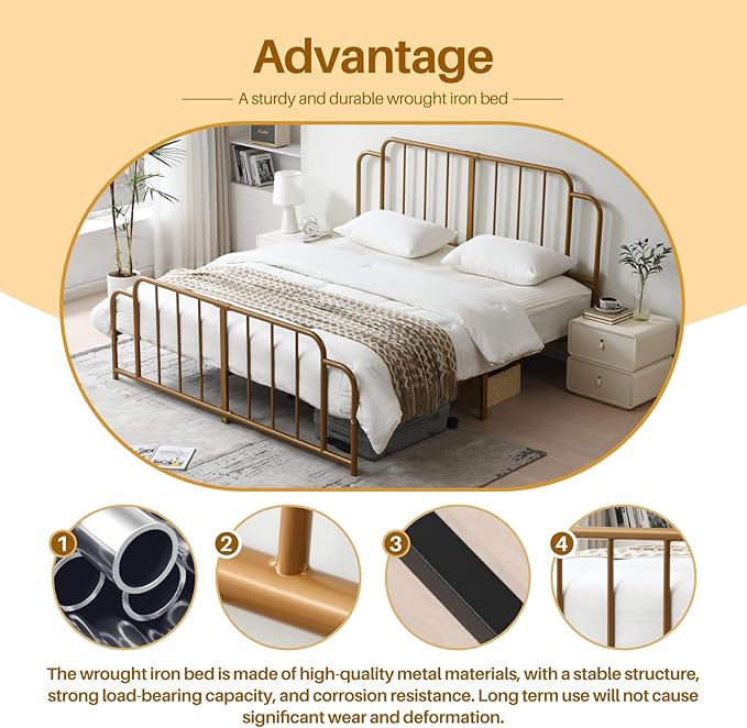 PINJU Metal Platform Bed Frame with Headboard and Footboard, Classic Style, Sturdy Metal Slats, No Box Spring Needed, Easy Installation (Gold, King)