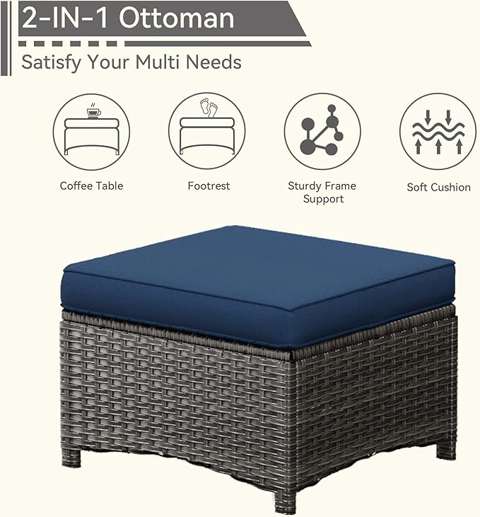 7 Pieces Outdoor Patio Conversation Set, Wicker Furniture Set Includes 3-Seat Sofa, Patio Rattan Dining Chair Set of 4, 2 Ottomans, for Porch, Yard, Mixed Brown Rattan, Blue