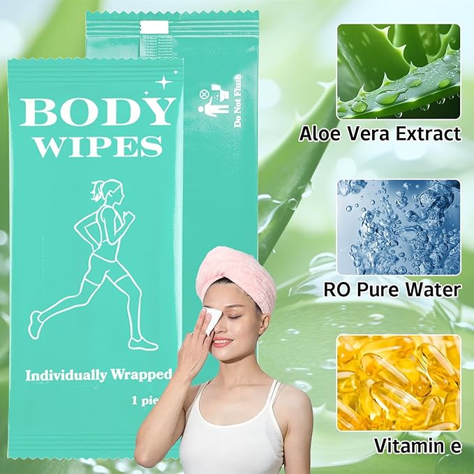 200 Pack Body Wipes Individually Wrapped, Shower Wipes For Adults, No Rinse Bath Wipe Bulk, Cleansing Wipe Travel Size for Travel, Gym, Camping, Outdoors Sports (Green)