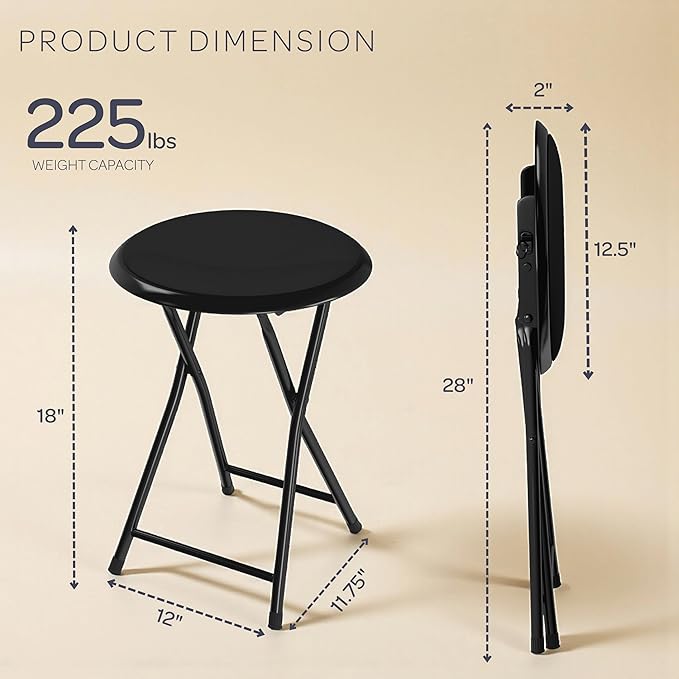 Lavish Home Folding Bar Stools - Set of 2 Heavy-Duty 18-Inch Stool - 225lb Capacity and Padded Seats for Dorm, Recreation or Game Room (Black)