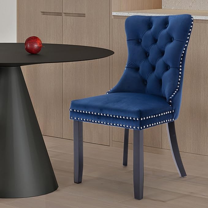 Velvet Upholstered Dining Chairs Set of 8, Modern Style Kitchen Side Chairs with Nailhead Trim and Wood Legs,Metal Pulling Ring for Dining Room Living Room(Blue)