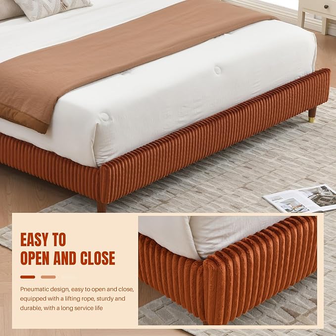 PINJU King Size Bed Frame, Upholstered Platform Bed with Modern Vertical Striped Wingback Headboard with Wooden Slats, Easy to Assemble No Noise Free (OCHER, King (U.S. Standard))