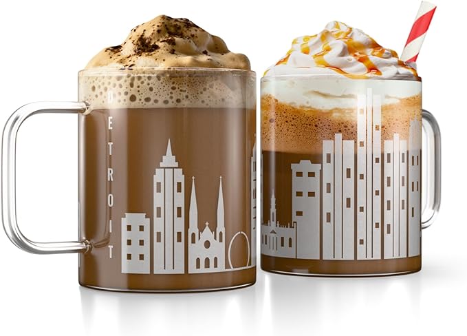 Greenline Goods – Detroit, MI Skyline Glass Coffee Mugs (Set of 2), 15 oz – Etched Wrap Design