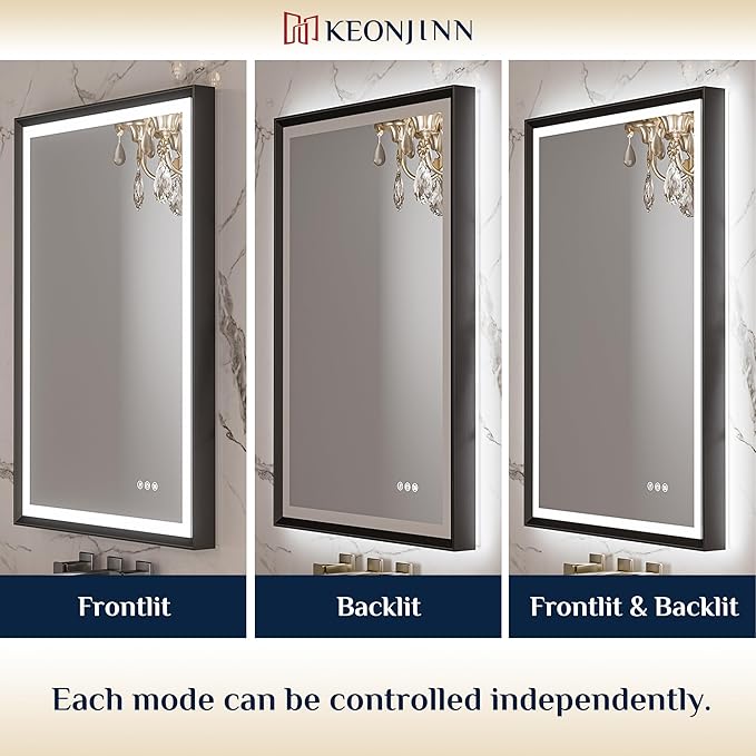 Keonjinn Black LED Mirror for Bathroom 40 x 32 Inch with Frontlit & Backlit, Metal Frame Mirror with Stepless 3-Color Lights, Antifog Dimmable, UL-Listed Driver,Tempered Glass(Horizontal/Vertical)