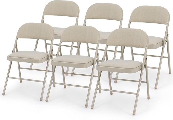 GOFLAME 6 Pack Folding Chairs, Fabric Dining Chair Set with Padded Seat & Metal Frame, Indoor Outdoor Upholstered Commercial Seat for Home Office Events Wedding Party, Beige