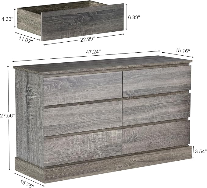 Gray Dresser for Bedroom, Modern 6 Drawer Dresser, Freestanding Wood Dressers, Wide Chest of Drawers Dressers, TV Stand with Sturdy Base Storage for Living Room, Hallway, Entryway