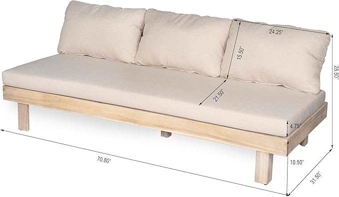 Christopher Knight Home Topia Acacia Wood Outdoor 3 Seater Sofa with Cushion, Wooden Patio Sofa Couch with Cushion, Comfy Armless Cloud Sofa Couch, Patio Furniture Sofa Set, Light Wash+Beige