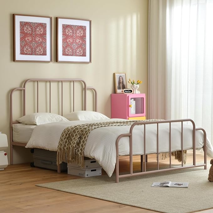 PINJU Metal Platform Bed Frame with Headboard and Footboard, Classic Style, Sturdy Metal Slats, No Box Spring Needed, Easy Installation (Pink, Queen)