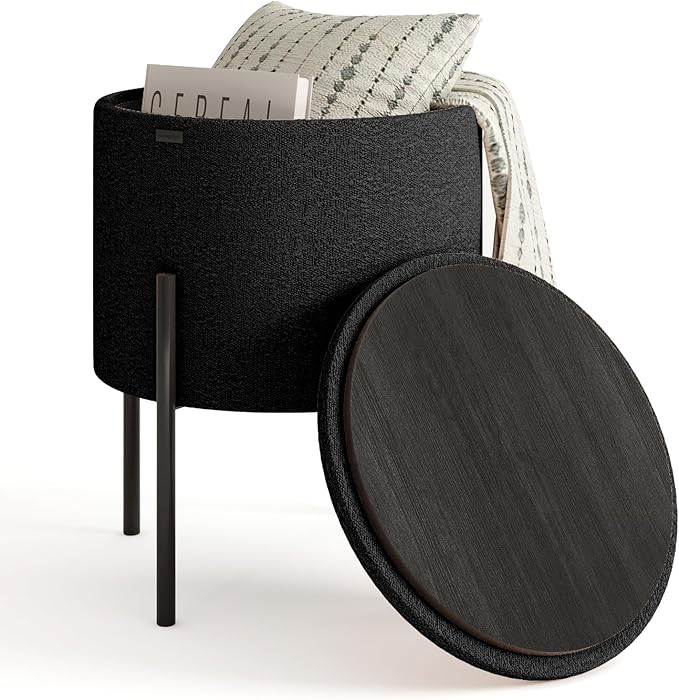 STORAGEBUD Round Ottoman with Storage, Boucle Storage Foot Stool, Makeup Vanity Stool, Small Ottoman Foot Rest, Modern Ottomans for Living Room and Bedroom, Black