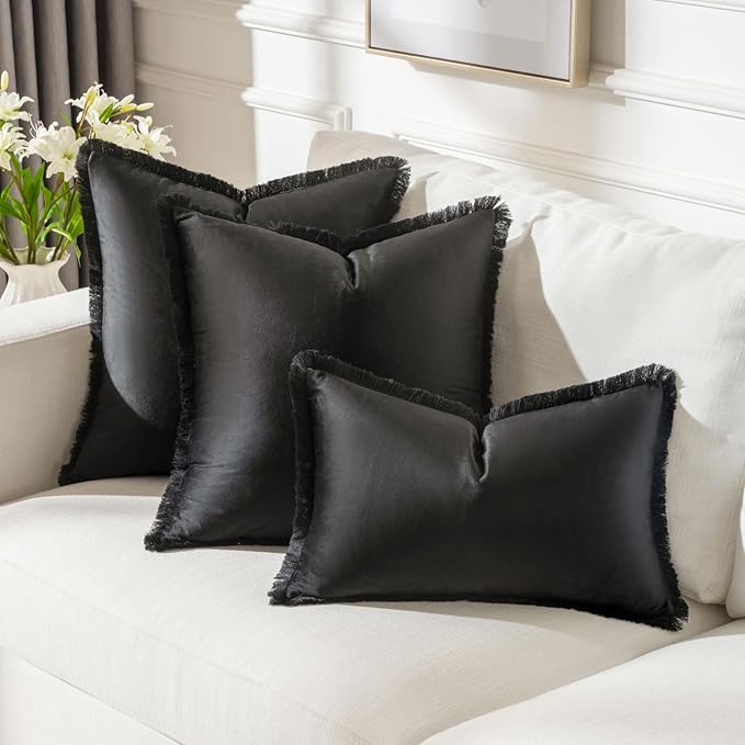 FUTEI Black Velvet Decorative Throw Pillow Covers 20x20 Set of 2,Soft Cozy Edge with Tassels Cushion Case,Boho Modern Home Decor for Couch Bed Living Room