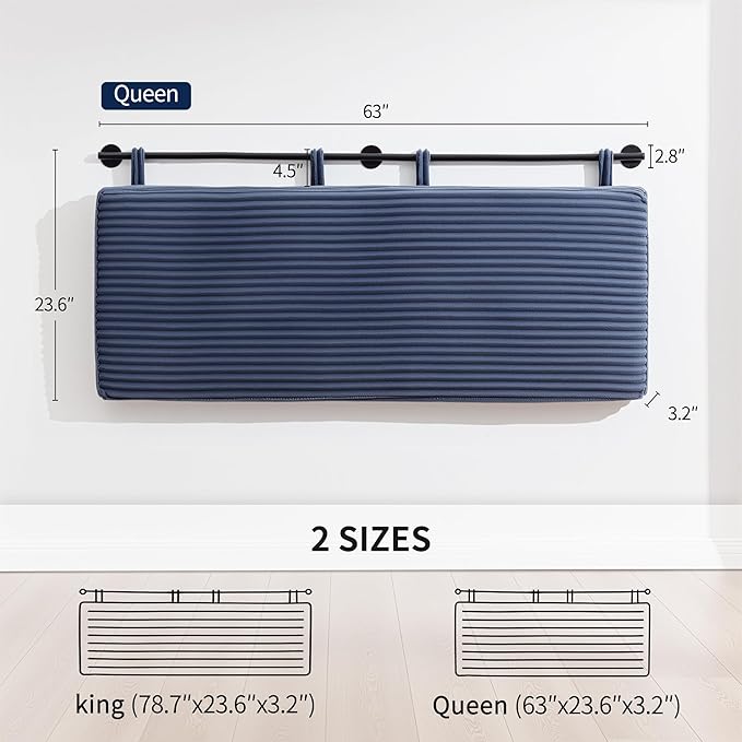 UEV Queen Headboard Only, Wall Mounted Hanging Upholstered Bed Head Board, Modern Vertical Channel Design of Fine Flannel, Elegant Dark Blue Fluted Headboard for Bedroom (Dark Blue, Queen Size)