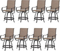 PHI Villa Outdoor Swivel Bar Stools Set of 8, Counter Height Patio Chairs with Waterproof Textile Fabric Brown, Rustproof Metal Frame & Circular Footrest for Poolside, Garden, Yard