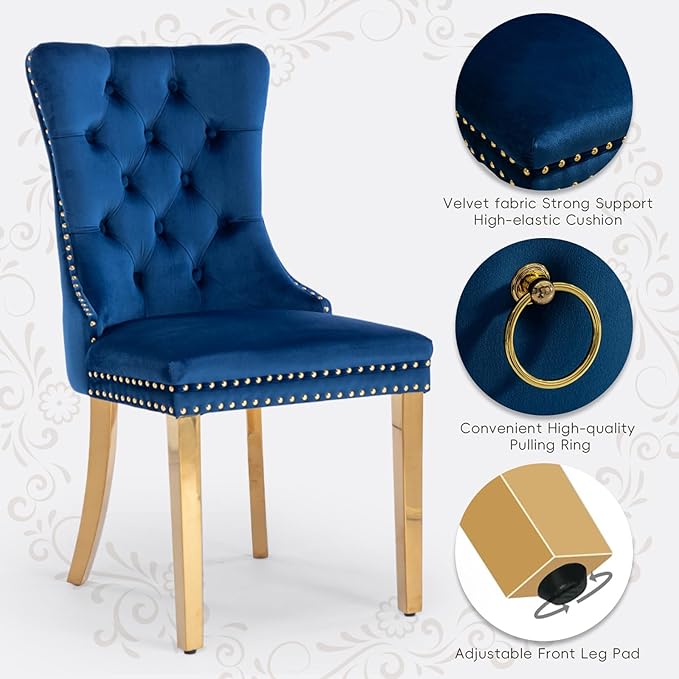 Velvet Upholstered Dining Chairs Set of 4, Modern Style Kitchen Side Chairs with Nailhead Trim and Gold Plated Leg, Metal Pulling Ring for Dining Room Living Room(Blue-Gold Plated Leg)