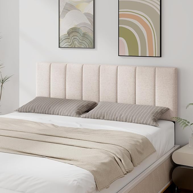 Giantex Linen Upholstered Headboard, Adjustable Width Vertical Channel Tufting Headboard Only with Solid Wood Legs, Attach Frame, Rectangular Headboards for Queen Full Bed, Beige
