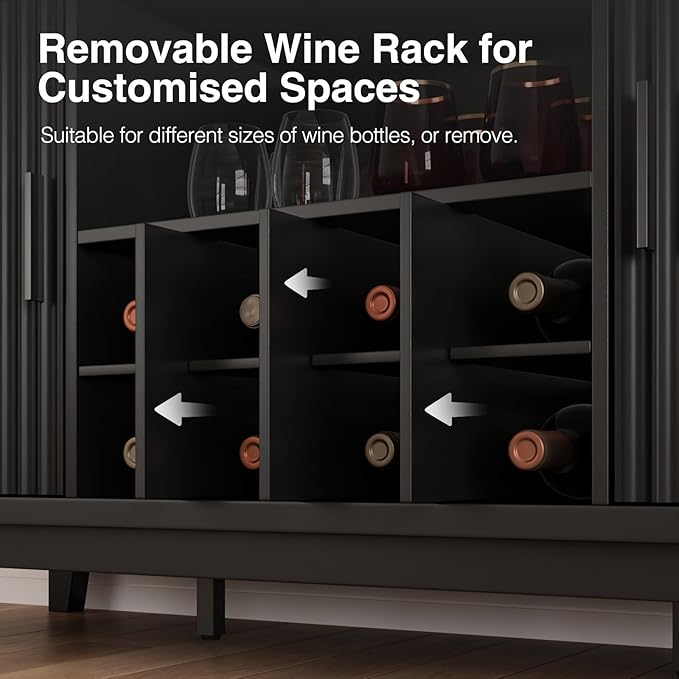 Fluted Buffet Cabinet with Storage, Modern Coffee Bar Cabinet with Outlet, Wine Rack, Cup Holder, Multi-Functional Accent Liquor Cabinet for Living Room, Entryway, Kitchen, Black