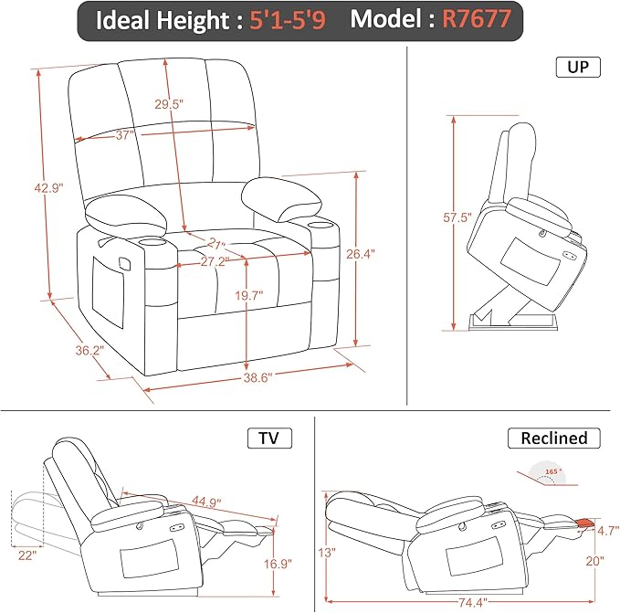 MCombo Oversized Dual Motor Power Lift Recliner Chair Sofa with Massage and Heat for Big Elderly People, Infinite Position, USB Ports, Faux Leather R7677 (Black, Medium-Oversize)